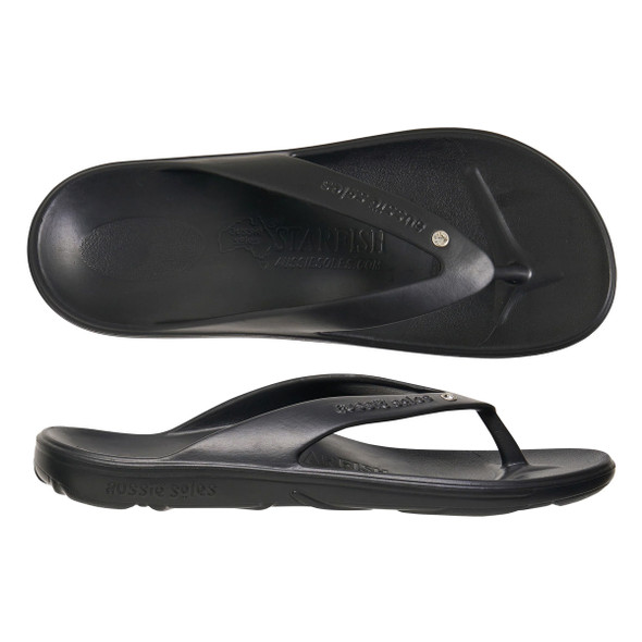Aussie Soles Black Starfish 2cm Arch Support Thongs with Diamante